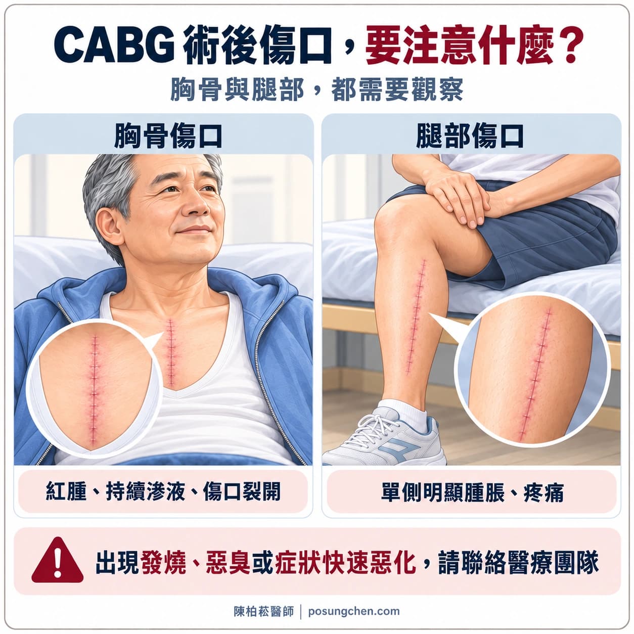 CABG 術後胸骨與腿部取血管傷口的觀察重點，包括紅腫、持續滲液、傷口裂開、單側明顯腫脹與疼痛