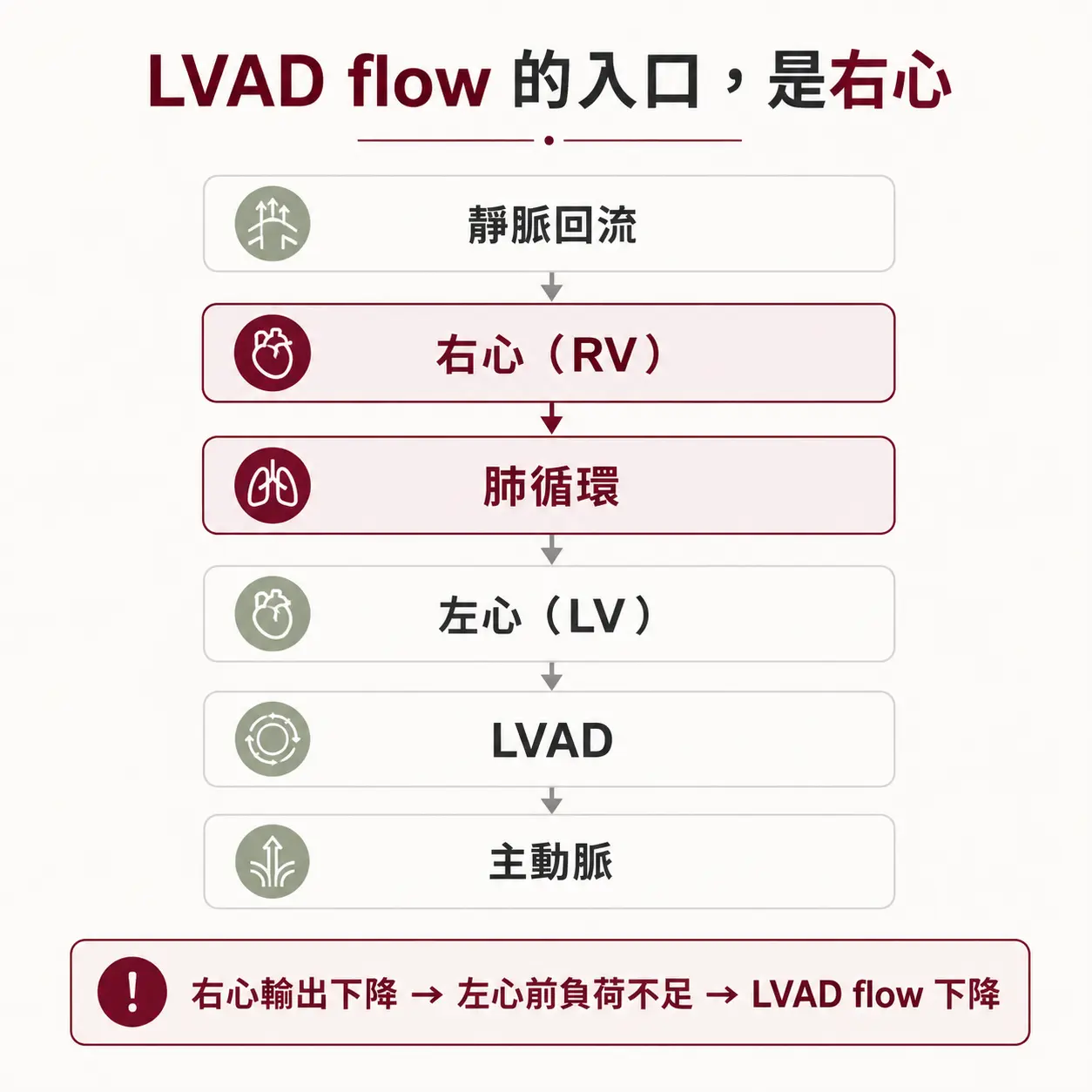 LVAD 血流路徑示意圖:靜脈回流經右心、肺循環與左心後進入 LVAD,再送往主動脈