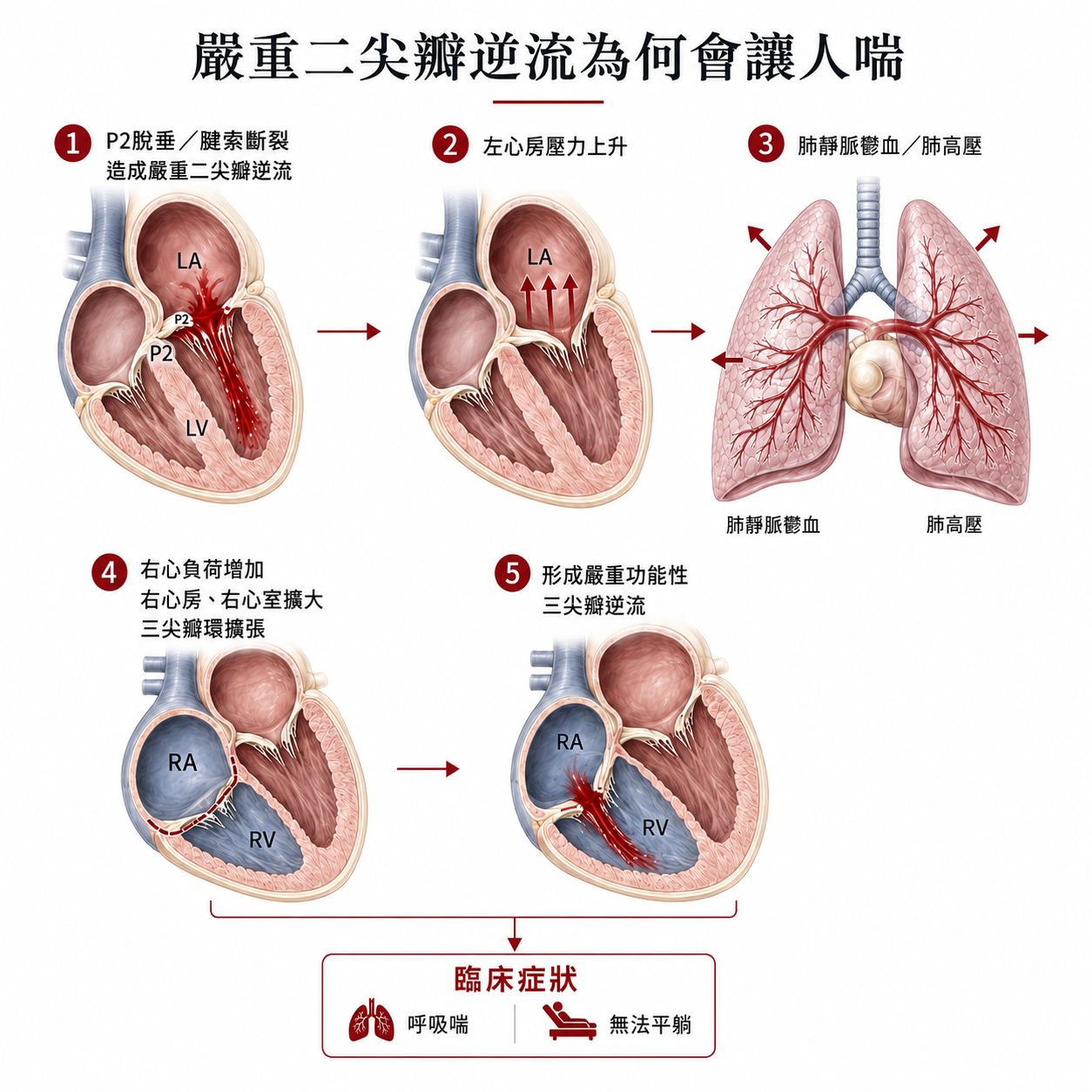 嚴重二尖瓣逆流造成左心房壓力上升、肺靜脈鬱血與肺高壓,進一步造成右心負荷與三尖瓣逆流的示意圖